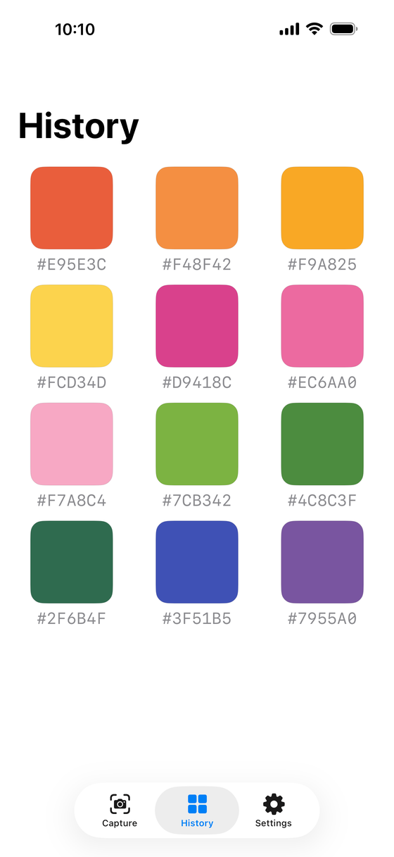 History grid of captured color swatches