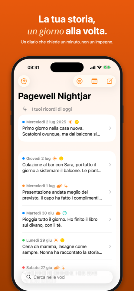 La schermata principale di Pagewell Nightjar con l'elenco delle voci