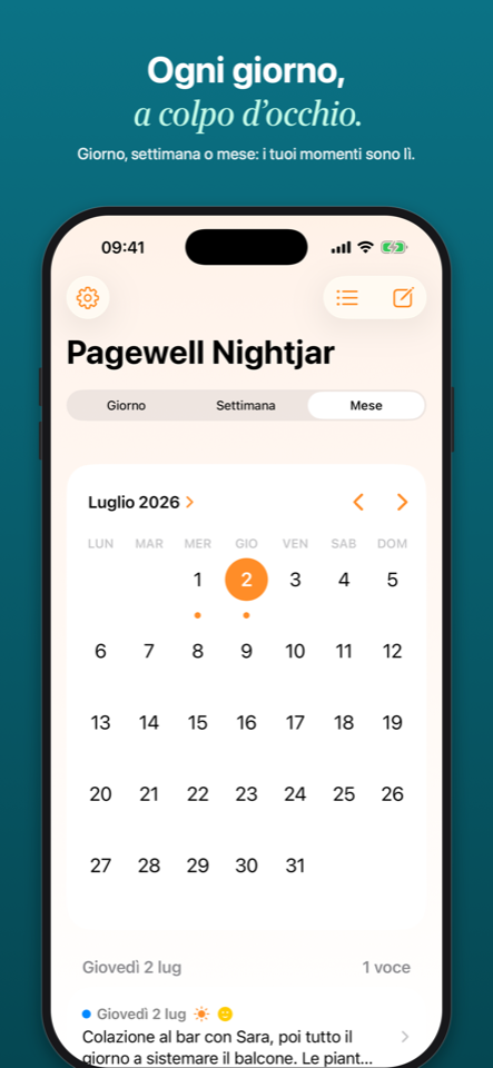 La vista calendario mensile di Pagewell Nightjar