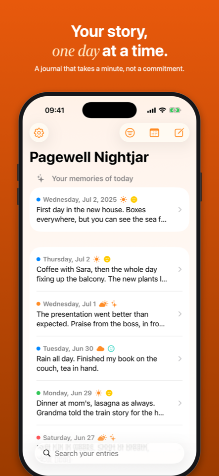 The main screen of Pagewell Nightjar with the entry list
