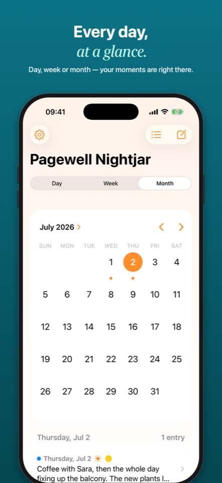 The monthly calendar view of Pagewell Nightjar