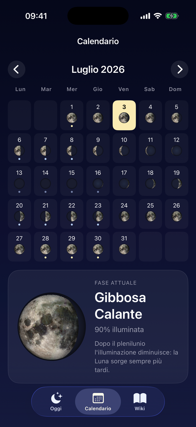 Calendario lunare mensile con le fasi evidenziate