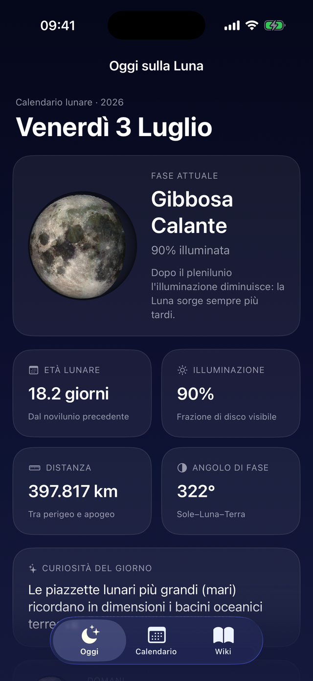 Schermata Oggi: fase lunare attuale con dati astronomici