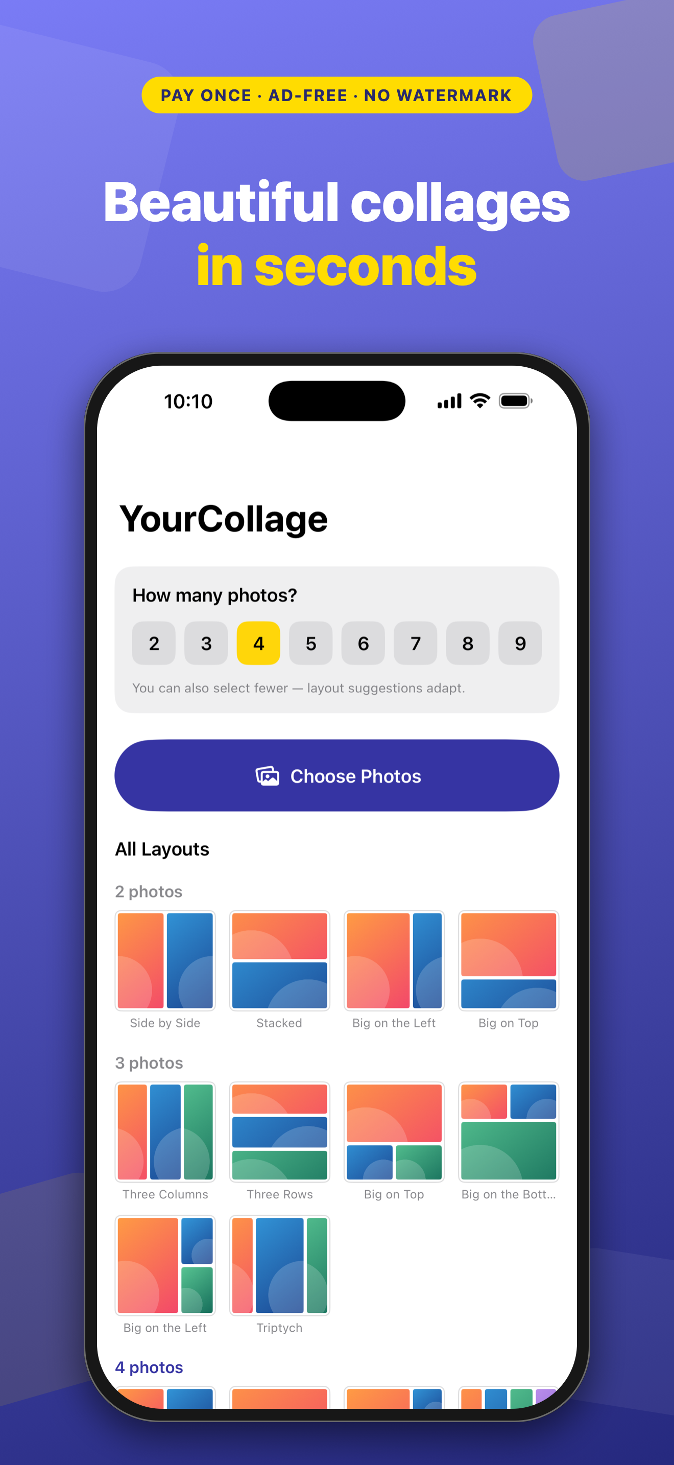 Home screen with photo count picker and layout gallery