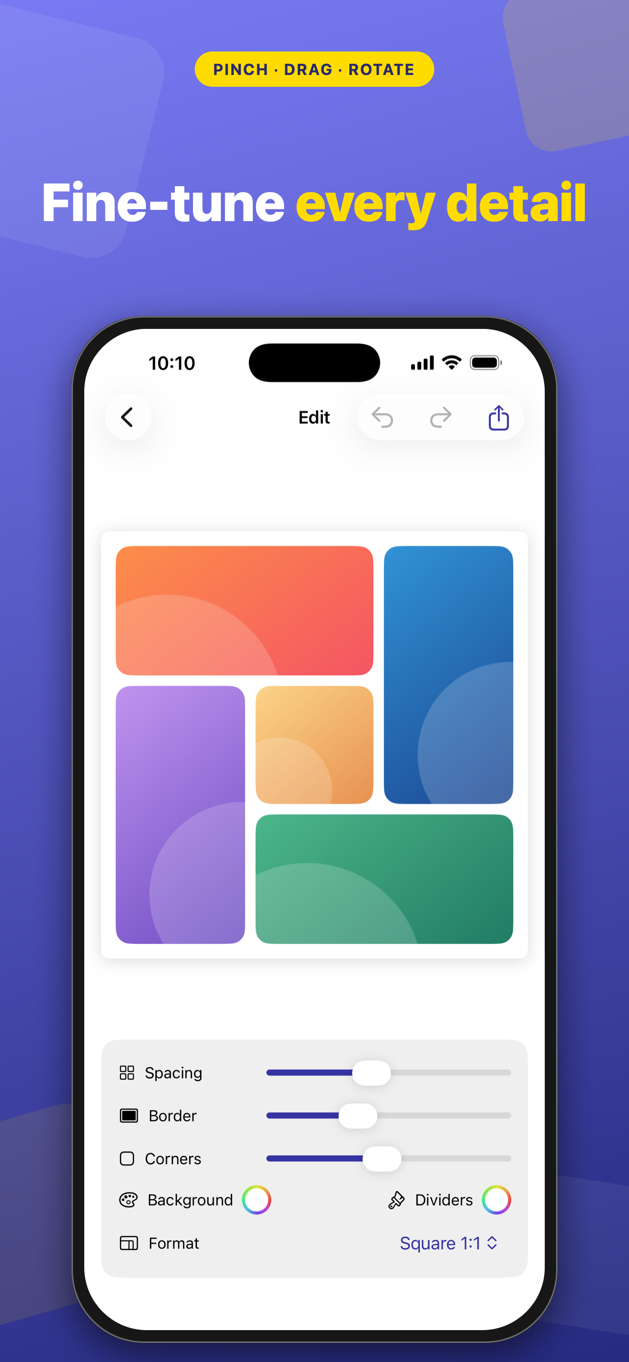 The YourCollage editor showing a pinwheel layout with style controls