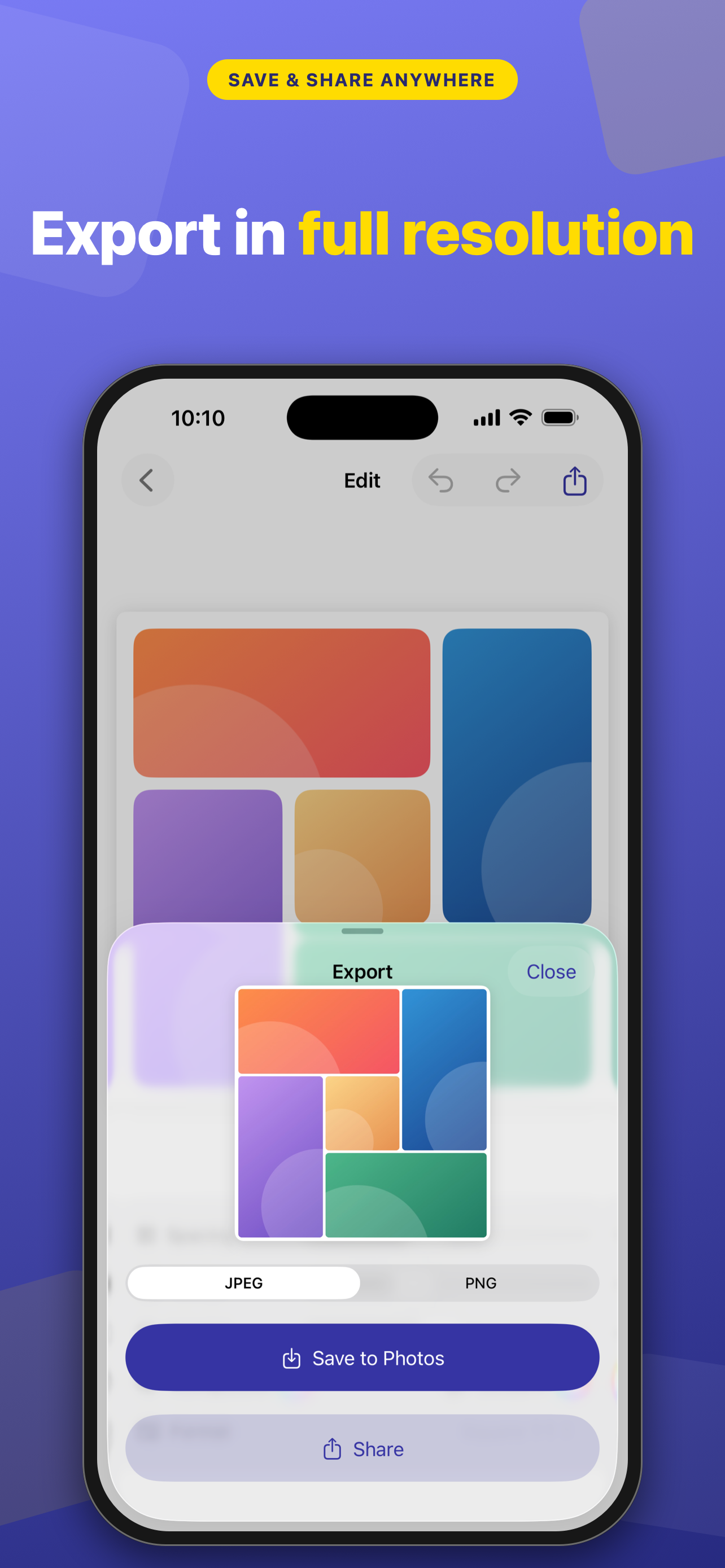 Export sheet with full-resolution preview and share options