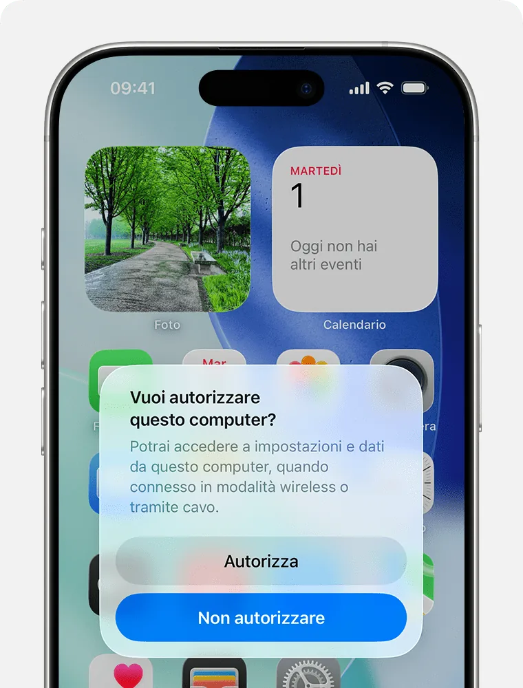 Schermata dell'iPhone con la domanda Vuoi autorizzare questo computer? e i pulsanti Autorizza e Non autorizzare.