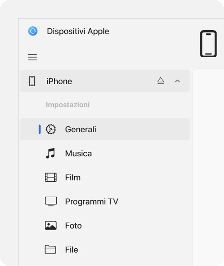 App Dispositivi Apple su Windows: nella barra laterale l'iPhone e, sotto Impostazioni, la voce Generali selezionata.
