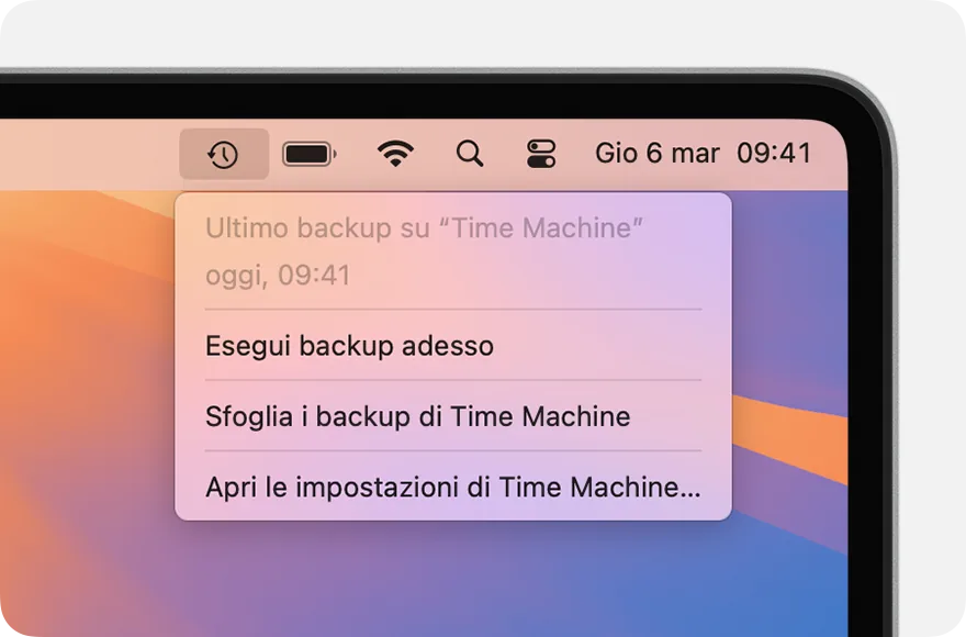 Il menu di Time Machine nella barra dei menu: in alto la data dell'ultimo backup, sotto Esegui backup adesso.