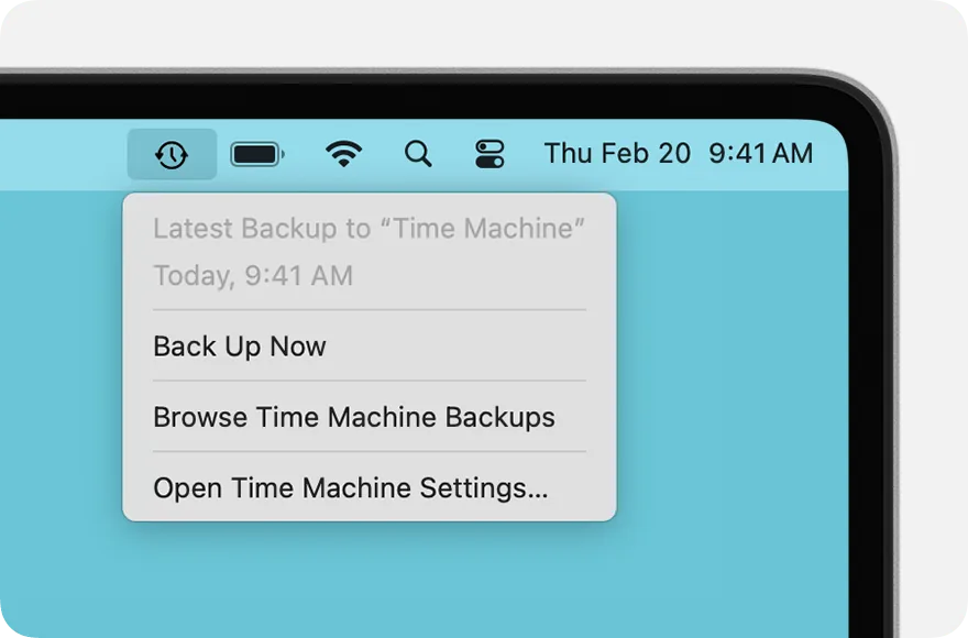 The Time Machine menu in the menu bar: the date of the latest backup at the top, Back Up Now below it.