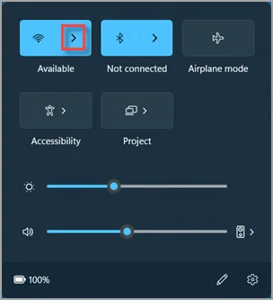 Windows 11 quick settings: the arrow to the right of the Wi-Fi button, highlighted in red, opens Wi-Fi connection management