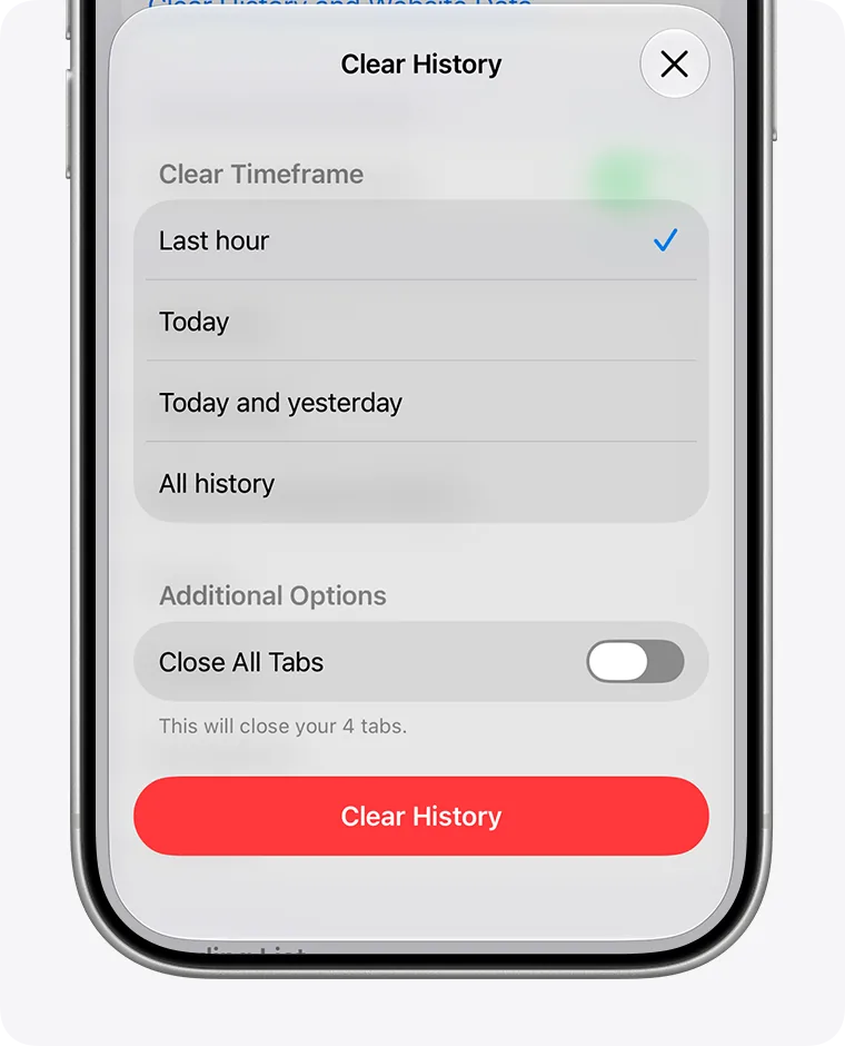 The Clear History window on iPhone: the ranges Last hour, Today, Today and yesterday, All history, and the red button.