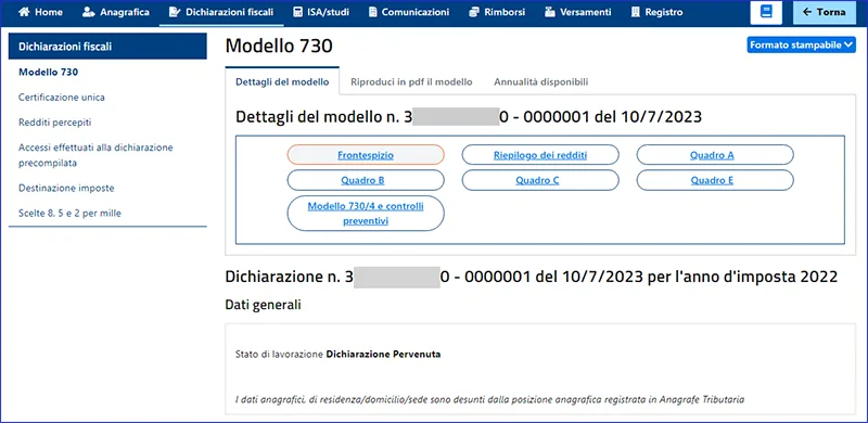 Cassetto fiscale, Dichiarazioni fiscali (Tax returns): Modello 730 in the left menu, the Dettagli del modello (Form details) and Annualità disponibili (Available years) buttons at the top (the return's figures are blacked out)
