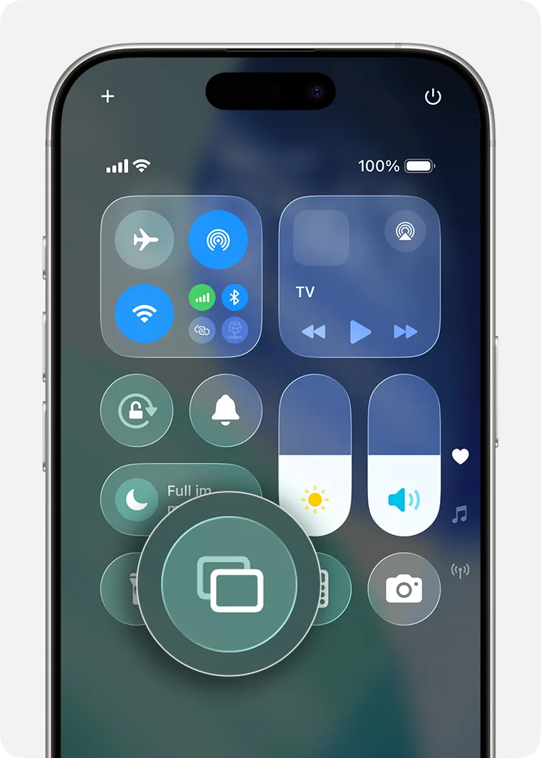 Centro di Controllo dell'iPhone con ingrandito il pulsante Duplica schermo, due rettangoli sovrapposti.