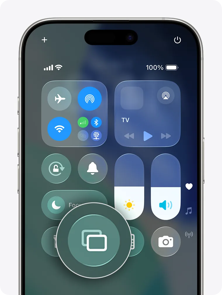 iPhone Control Center with the Screen Mirroring button magnified, two overlapping rectangles.