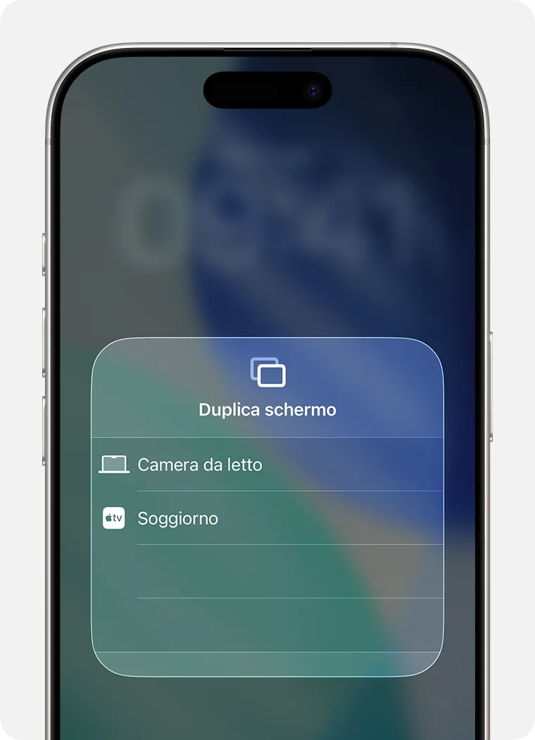 Finestra Duplica schermo sull'iPhone con l'elenco dei televisori e dei Mac disponibili, per esempio Soggiorno.