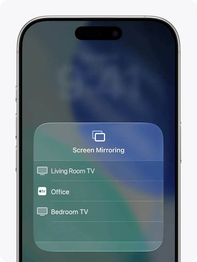Screen Mirroring window on the iPhone with the list of available TVs and Macs, for example Living Room TV.