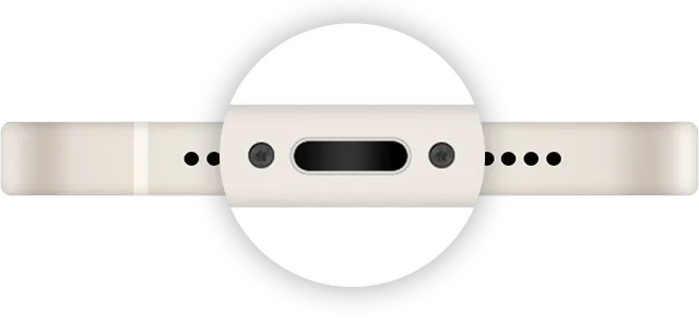 The bottom edge of an iPhone with the charging port magnified, in the middle between the speaker grilles.