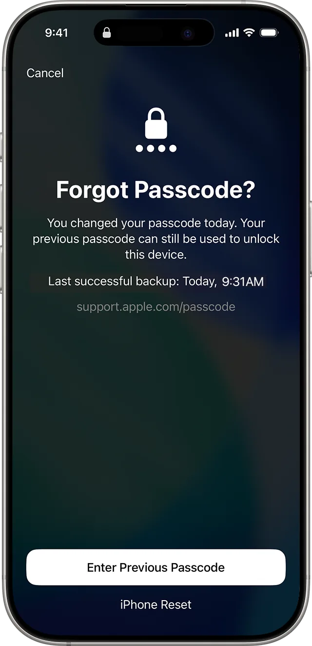 Forgot Passcode? screen with the Enter Previous Passcode button and, below it, iPhone Reset.