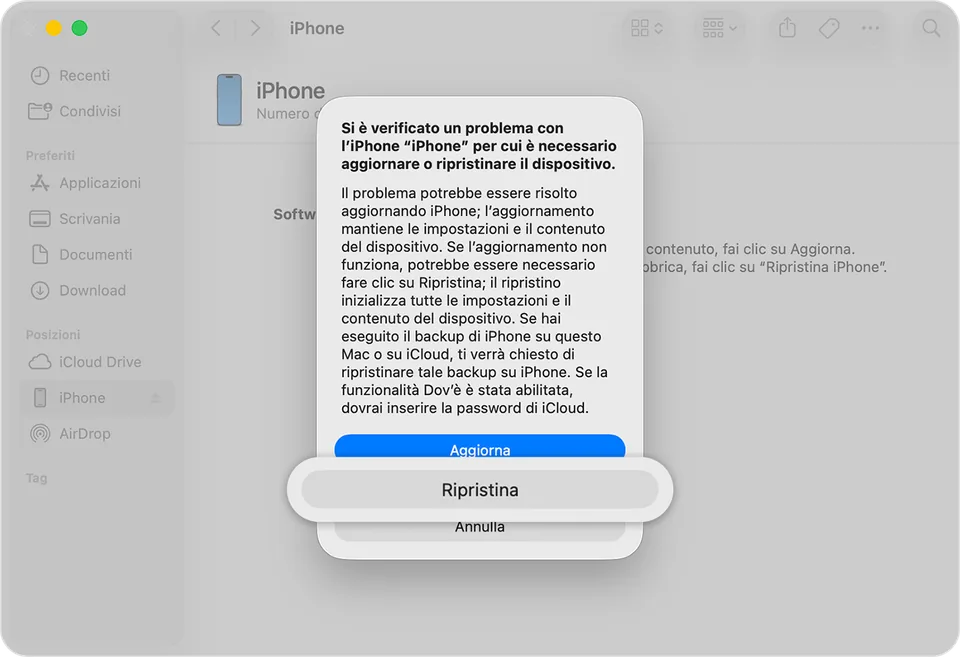 Finder sul Mac con l'iPhone in modalità di recupero: la finestra chiede se aggiornare o ripristinare, e il pulsante Ripristina è ingrandito.