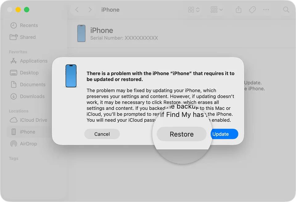 Finder on the Mac with the iPhone in recovery mode: the window asks whether to update or restore, and the Restore button is magnified.