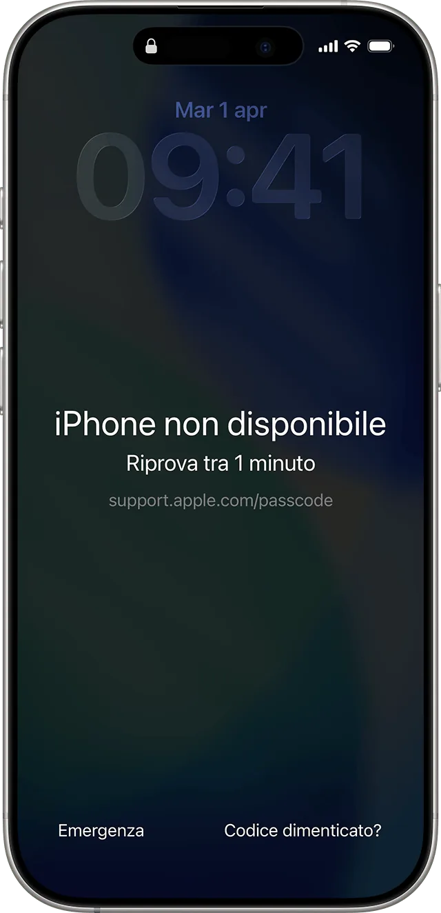 Schermata di blocco dell'iPhone con la scritta iPhone non disponibile e, in basso a destra, il pulsante Codice dimenticato?