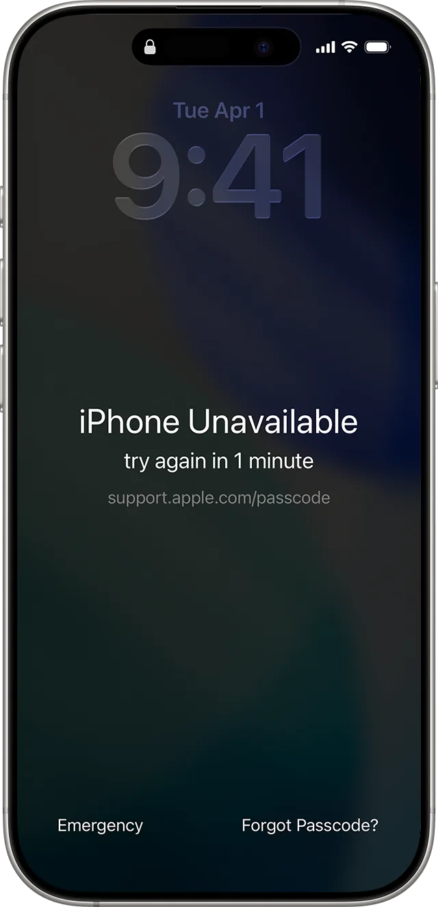 iPhone Lock Screen reading iPhone Unavailable and, at the bottom right, the Forgot Passcode? button