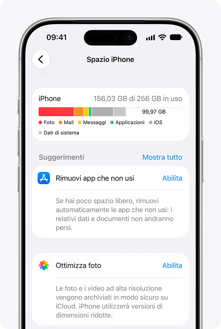 Schermata Spazio iPhone: la barra colorata dello spazio occupato (Foto, Mail, Messaggi, Applicazioni, iOS) e i suggerimenti con Abilita e Mostra tutto.