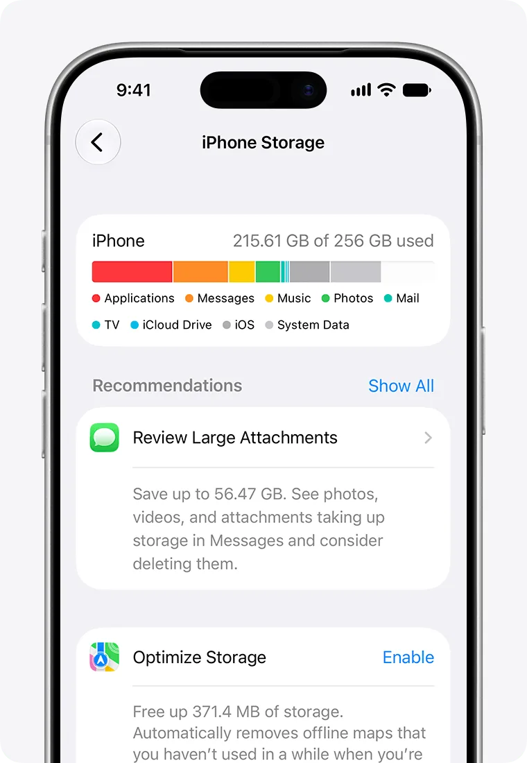 iPhone Storage screen: the colored bar of used space (Photos, Mail, Messages, Apps, iOS) and the recommendations with Enable and Show All.