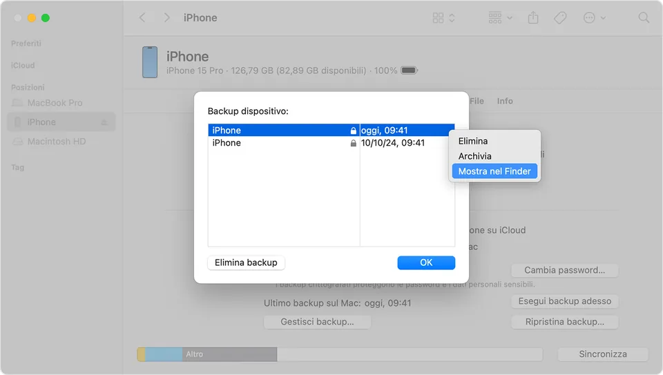Finder, finestra Gestisci backup: l'elenco dei backup dell'iPhone con la data, e il menu del tasto destro con Elimina.