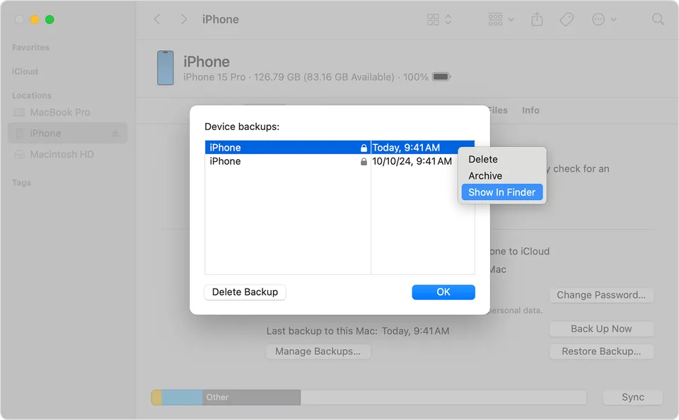 Finder, Device backups window: the list of iPhone backups with their dates, and the right-click menu with Delete.