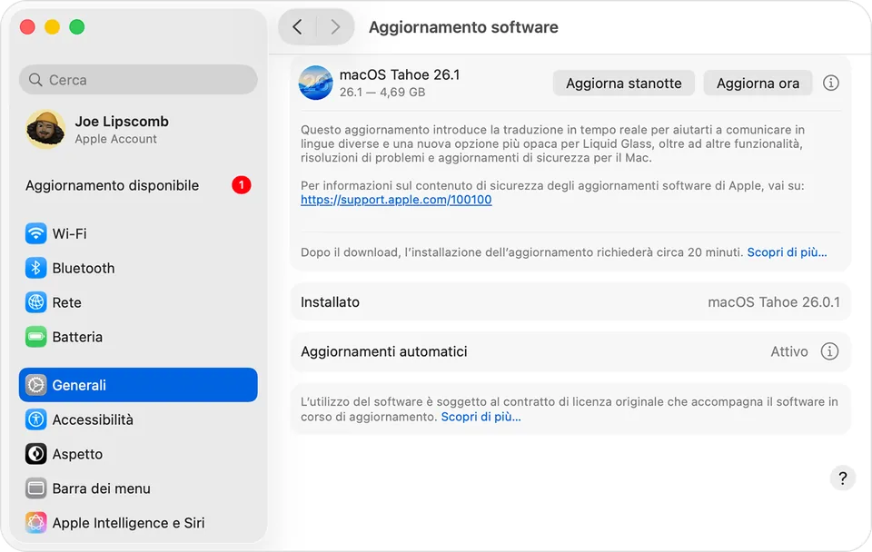 Impostazioni di Sistema, Aggiornamento software: un aggiornamento di macOS disponibile con i pulsanti Aggiorna stanotte e Aggiorna ora.