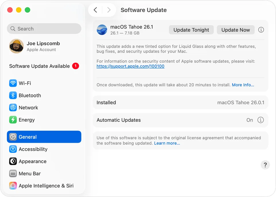 System Settings, Software Update: a macOS update available with the Update Tonight and Update Now buttons.