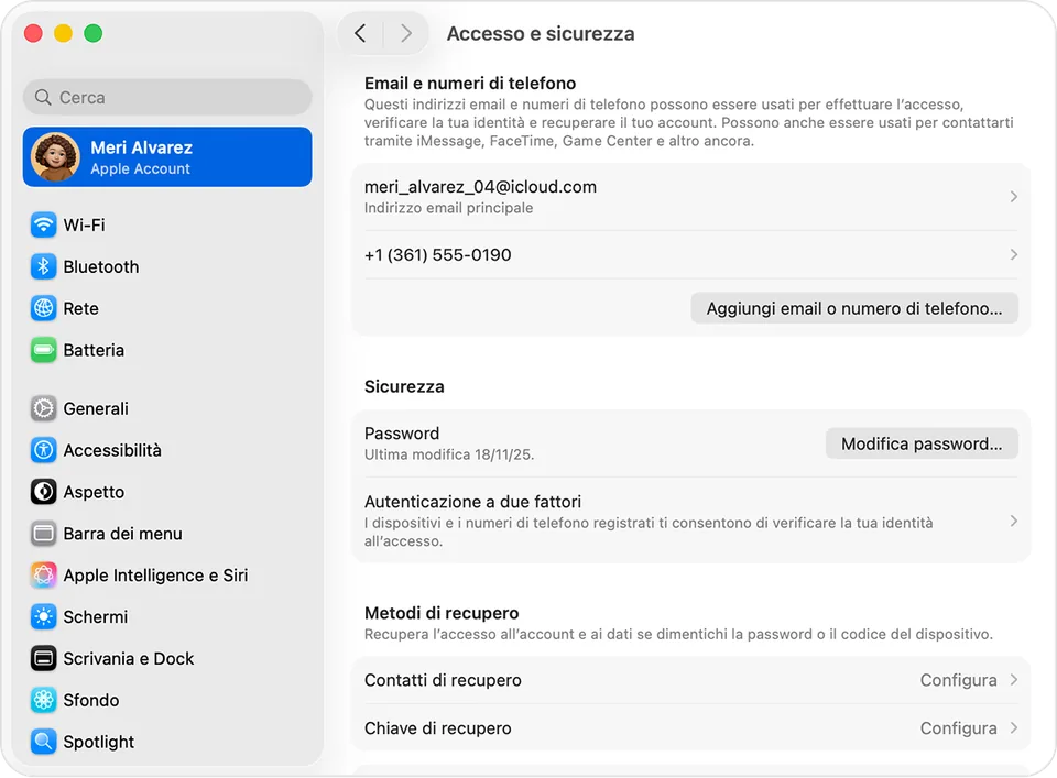 Mac, Impostazioni di Sistema, Accesso e sicurezza: nella sezione Sicurezza, accanto a Password, il pulsante Modifica password (dati di esempio di Apple)