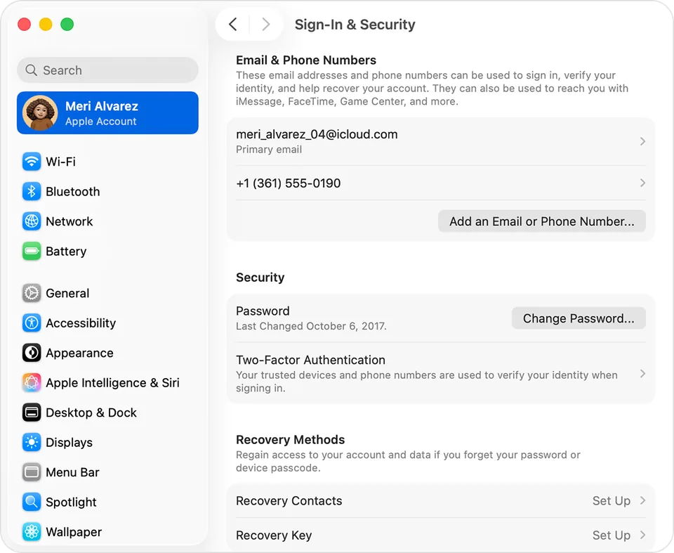 Mac, System Settings, Sign-In & Security: in the Security section, next to Password, the Change Password button (Apple sample data)
