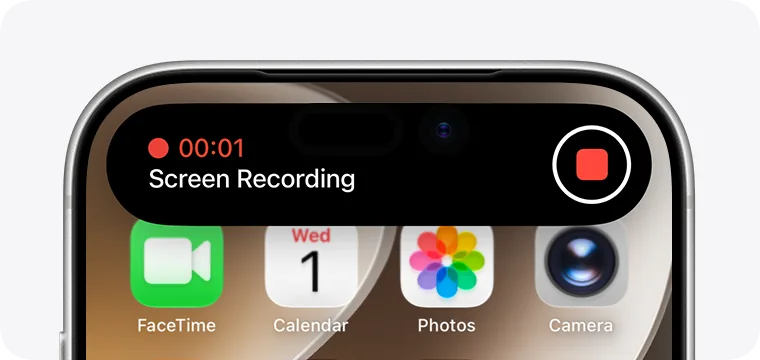 Top of an iPhone with Dynamic Island: the words Screen Recording with the time in red and, on the right, the red button to stop.