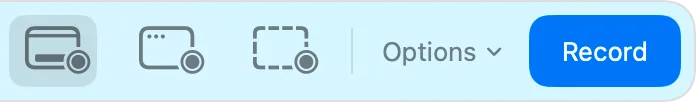 The Screenshot app toolbar on Mac: three buttons to choose what to record, then Options and the blue Record button.