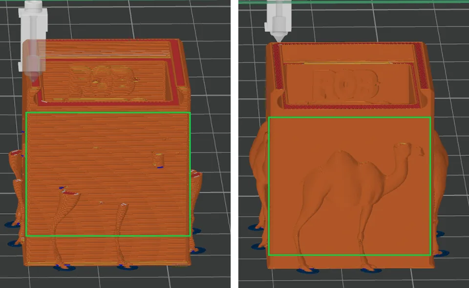 Print preview of the same model before and after repair: on the left the raised camel is almost entirely missing, on the right it is complete.
