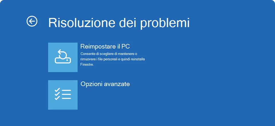 Schermata blu Risoluzione dei problemi dell'Ambiente ripristino Windows: due scelte, Reimpostare il PC e Opzioni avanzate.