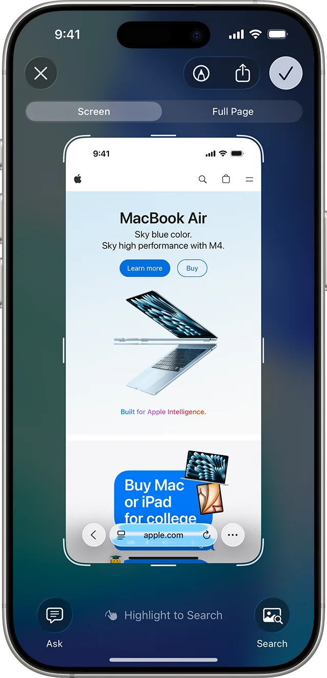A screenshot just taken on iPhone with the quick tools: at the top, the Screen and Full Page tabs.