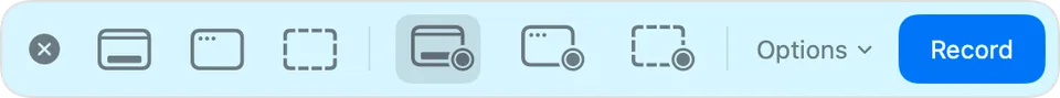 The Screenshot app toolbar: the buttons to capture and to record, then the Options menu and the blue button.