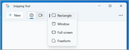 Snipping Tool with the mode menu open: Rectangle, Window, Full screen and Freeform.
