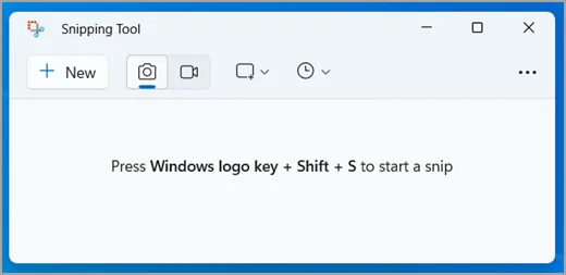 Snipping Tool window on Windows 11: on the left the New button, then the mode buttons and the delay clock.