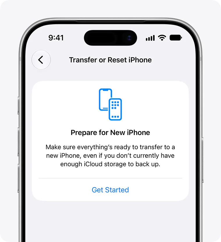 Transfer or Reset iPhone screen with the Prepare for New iPhone panel and the Get Started button.