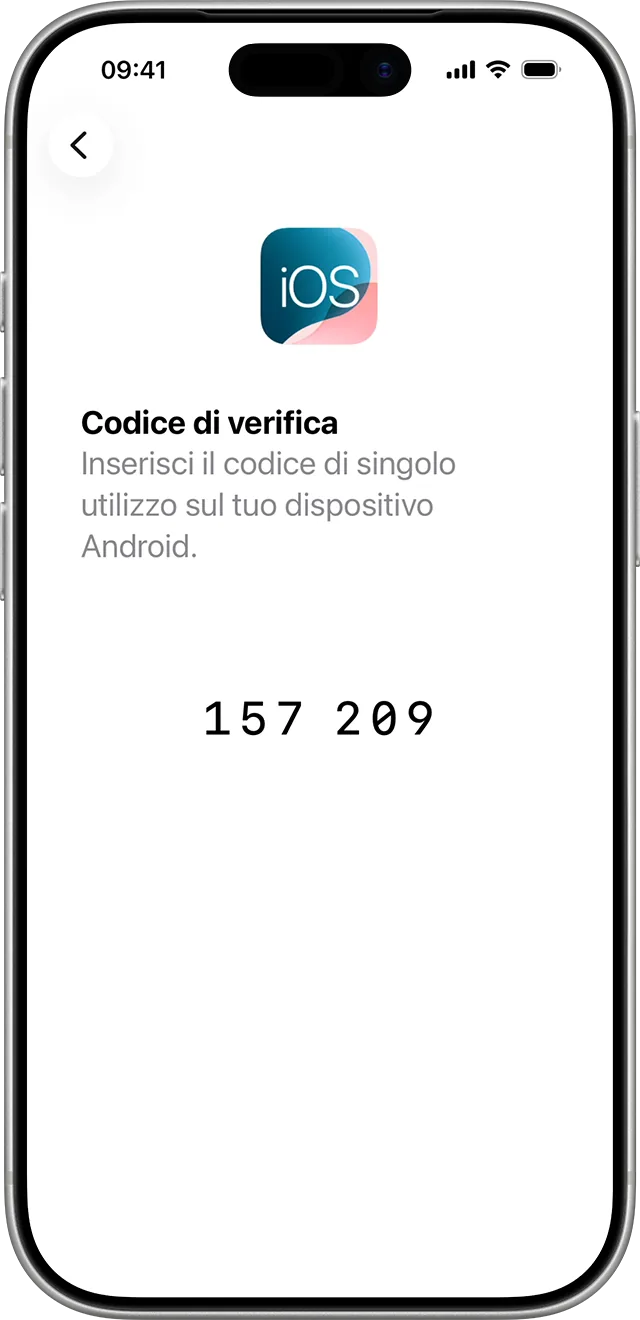 Schermata Codice di verifica sull'iPhone con un codice di sei cifre da inserire nel telefono Android.