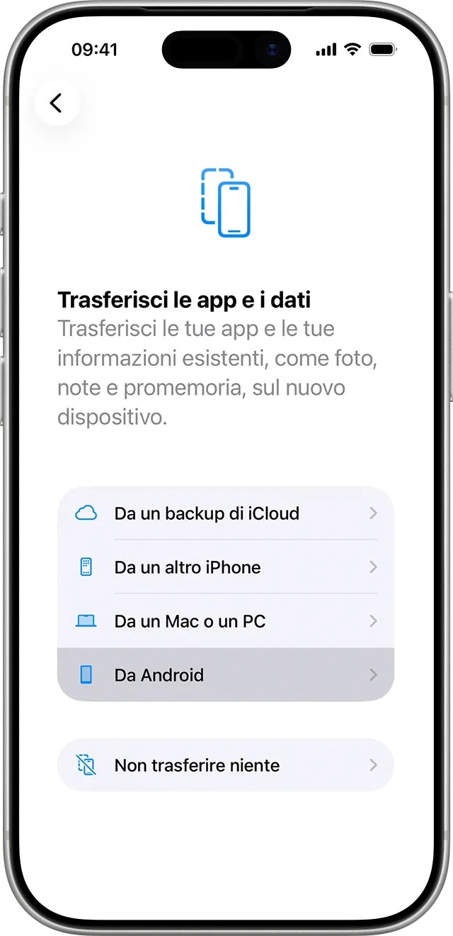 Schermata Trasferisci le app e i dati dell'iPhone con le scelte Da un backup di iCloud, Da un altro iPhone, Da un Mac o un PC e Da Android, quest'ultima evidenziata.