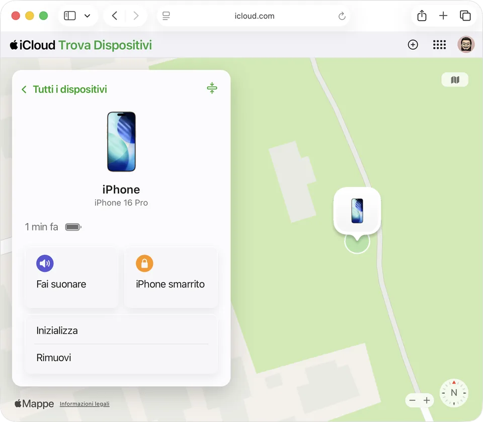 Pagina Trova Dispositivi di iCloud nel browser: a sinistra l'iPhone con i pulsanti Fai suonare, iPhone smarrito, Inizializza e Rimuovi, a destra la mappa.