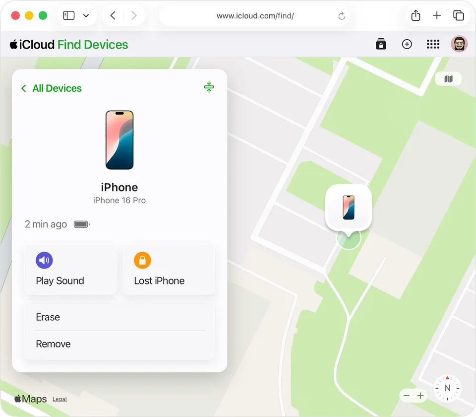 iCloud Find Devices page in the browser: on the left the iPhone with the Play Sound, Lost iPhone, Erase and Remove buttons, on the right the map.