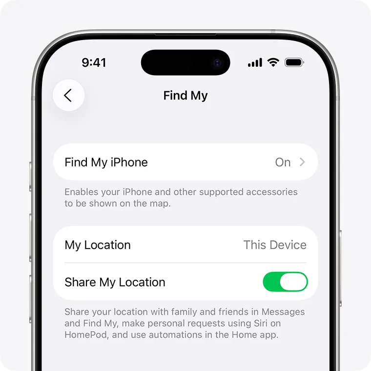 Find My settings on the iPhone: the Find My iPhone item set to On.