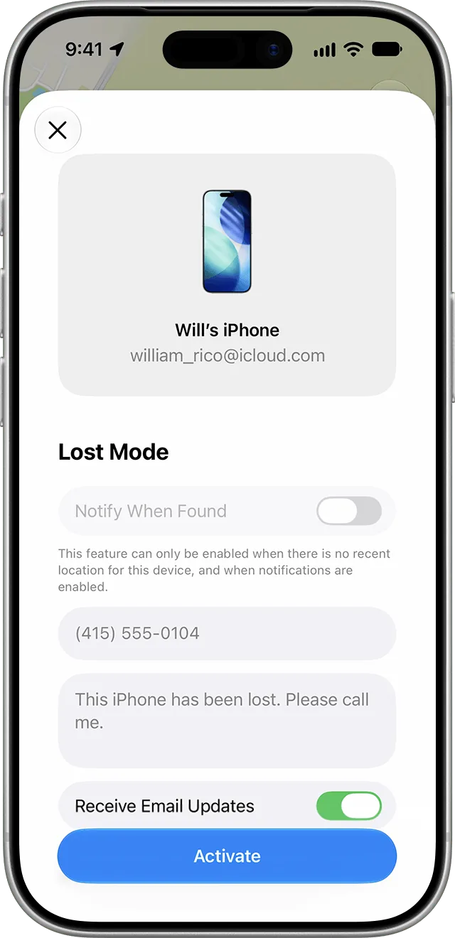 Lost Mode screen in the Find My app: a phone number, a message for whoever finds the iPhone and the Activate button.